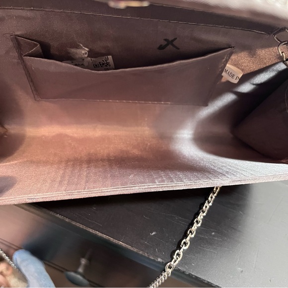 Gunmetal Studded Satin Evening Clutch | Silver Chain Crossbody Envelope Bag - Picture 9 of 14